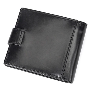 Detail of black genuine leather wallet showing litchi grain texture and strap closure
