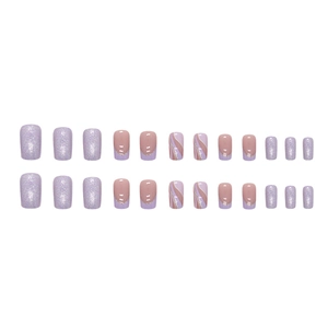 Glittery purple press-on nails with lavender wavy patterns and French tips 24pcs set