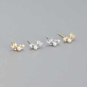 Elegant Artificial Pearl And Zirconia Stud Earrings With 925 Sterling Silver Earring Post Floral Leaf Design For Women