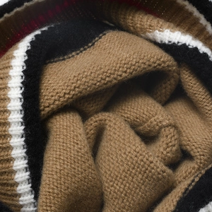 Striped wool knit beanie for men and women featuring warm khaki ribbed fabric texture