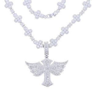 Hip-hop iced out cross pendant with wings and sparkling cubic zirconia on a tennis chain