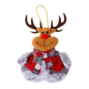 Plush Christmas reindeer ornament with red knit scarf and gold hanging string on white background