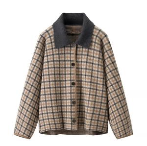 Cardigan en laine mélangée à carreaux pour femmes avec col contrasté marron