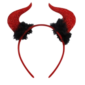 Halloween devil horn headband with red sequins and black feather trim for party costumes