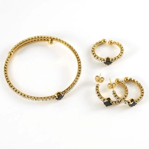 Parure bijoux en acier inoxydable 18k doré avec pierres noires et cristaux clairs