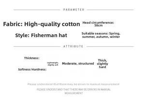 Detailed size and material specification chart for the daisy embroidered denim bucket hat