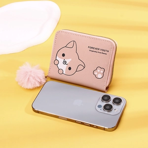 Pink cartoon PU leather mini wallet featuring a zipper closure and fluffy pompom keychain