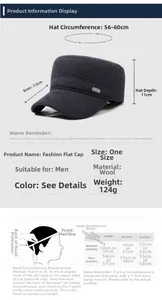 Size chart showing head circumference and dimensions for men winter flat top cap