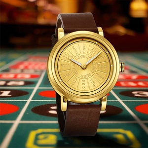 Men's trendy quartz watch with gold case, brown leather strap, and creative roulette dial