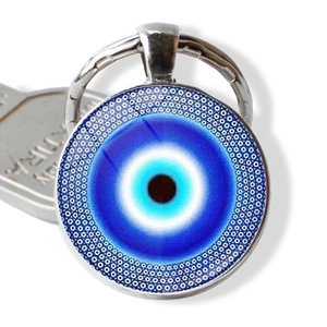 Round Turkish Evil Eye keychain pendant with silver metal finish and blue nazar charm
