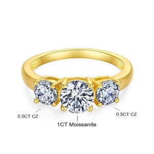 Detailed view of 1CT Moissanite and dual 0.5CT CZ stones on a gold classic ring