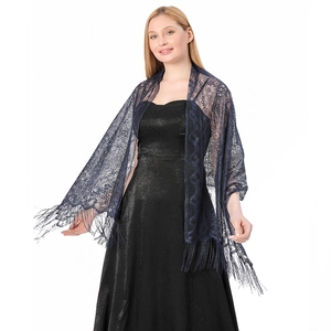Elegant navy blue floral lace shawl with long fringes for evening party dresses