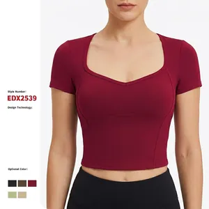 Women Slim Fit Naked Feel Yoga T-Shirt Diamond Neckline Short Sleeve Sports Top With Removable Chest Pad Running Fitness