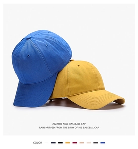 Detail of blue and yellow cotton baseball caps with 6-panel structure and vent eyelets