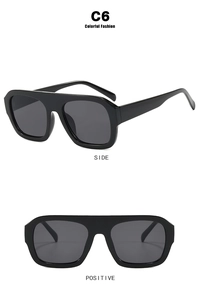 Detail view of large square black sunglasses showing front and side profile perspectives