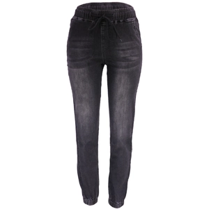 Détail du pantalon de jogging en jean à taille haute avec cordon de serrage et poignets élastiques