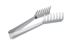 Polished stainless steel pasta tongs with comb-like head for salad or spaghetti