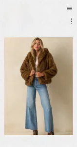 Brown faux fur hooded jacket with plush texture and cozy fit for autumn winter fashion