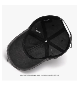 Detailed interior of vintage distressed baseball cap featuring inner lining and sweatband