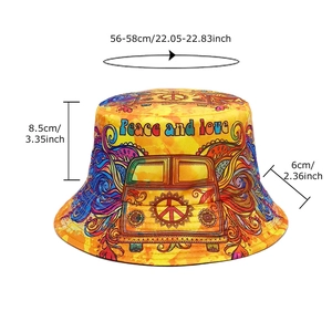 Colorful hippie style canvas bucket hat with peace bus pattern for beach and sun protection