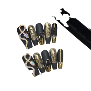 Midnight snake dark style handmade press-on nails with butterfly chains and gold accents
