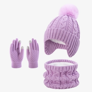Three-piece purple winter set with cable knit hat, neck warmer and touchscreen gloves