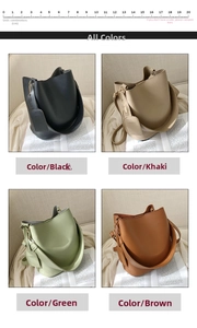 Detail view of large bucket bags in black, khaki, green, and brown faux leather with thin straps