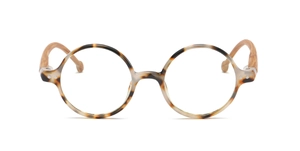 Close-up of retro round tortoiseshell frames with natural wood grain temples and metal rivets