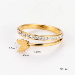 Golden butterfly open ring in stainless steel with crystal accents and adjustable band
