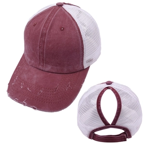 Burgundy washed ponytail baseball cap with white mesh and distressed brim details