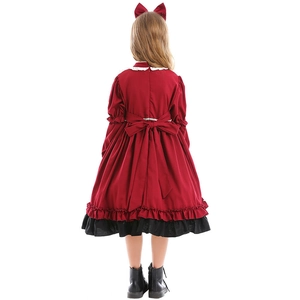 Back view of wine red Spanish Lolita princess dress for girls with black ruffle layers