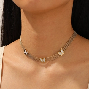 Butterfly Necklace Stainless Steel Gold Plated Mesh Flat Chain Elegant Shell Charms Jewelry For Women