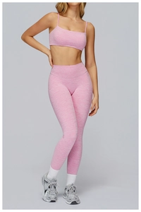 Pink marled yoga set featuring a strapless sports bra and high-waisted gym leggings