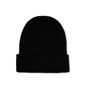 Detailed view of the fine knit texture and folded cuff on this classic black beanie
