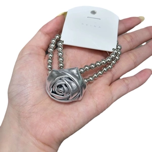 Minimalist double-layered silver rose hair tie with ball beads and floral metallic charm