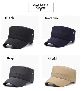 Flat top military caps collection in black, navy blue, gray, and khaki colors for men
