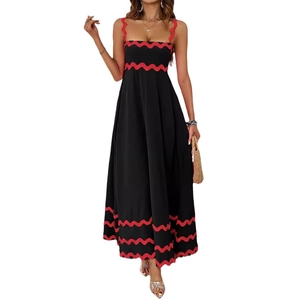 Elegant summer maxi dress with black and red wave patterns and a flowing A-line silhouette