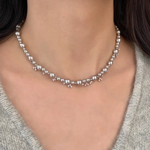 Silver Grey Imitation Artificial Pearl Necklace With Rhinestone Star Flower Charms Retro Elegant French Style For Women