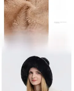 Detail of warm black faux fur beanie with thick brown fleece lining and model display