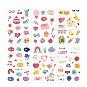 Detail of 6 sheets colorful cartoon stickers with cute animal and food icons for DIY journals