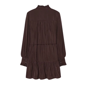 Elegant dark brown satin long sleeve tiered ruffle dress with high neck and waist belt