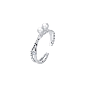 Silver double layer adjustable ring featuring elegant pearls and twisted rope design