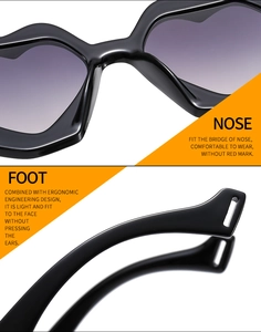 Detail of ergonomic nose pads and lightweight temples on heart-shaped sunglasses
