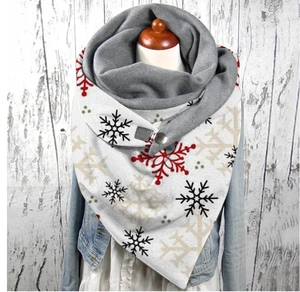 Detail of grey and white scarf with red snowflake pattern and button closure