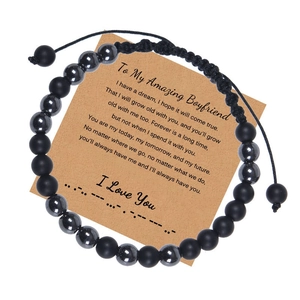 Morse Code Bracelet Natural Stone Matte Black Beads Adjustable Handmade Gift With Sentimental Card For Men Women
