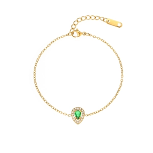 Macro detail of a pear-shaped green gemstone bracelet with gold chain and lobster clasp