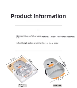 Detailed dimensions of penguin silicone baby plate set with stainless steel fork and spoon