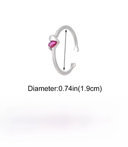 Detailed view of the hollow heart pink gemstone ring with brass diameter measurements
