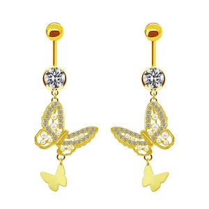 Golden butterfly belly button ring with sparkling cubic zirconia and white pearls