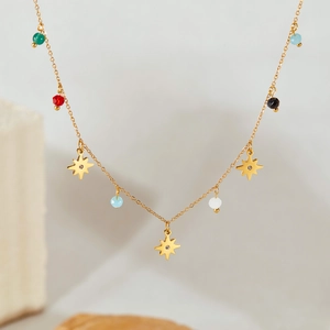 Elegant gold stainless steel necklace with multi-colored beads and star pendants